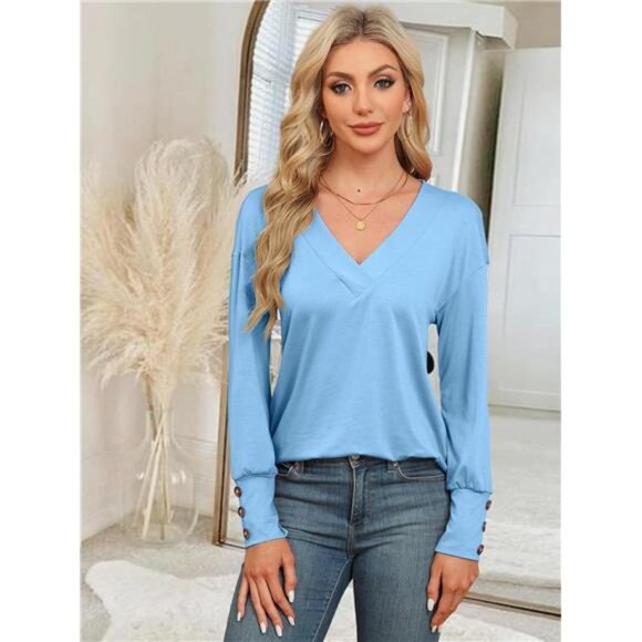 Women's V-Neck Button-Down Long Sleeve Casual T-Shirt Blouse - Picture 4 of 6